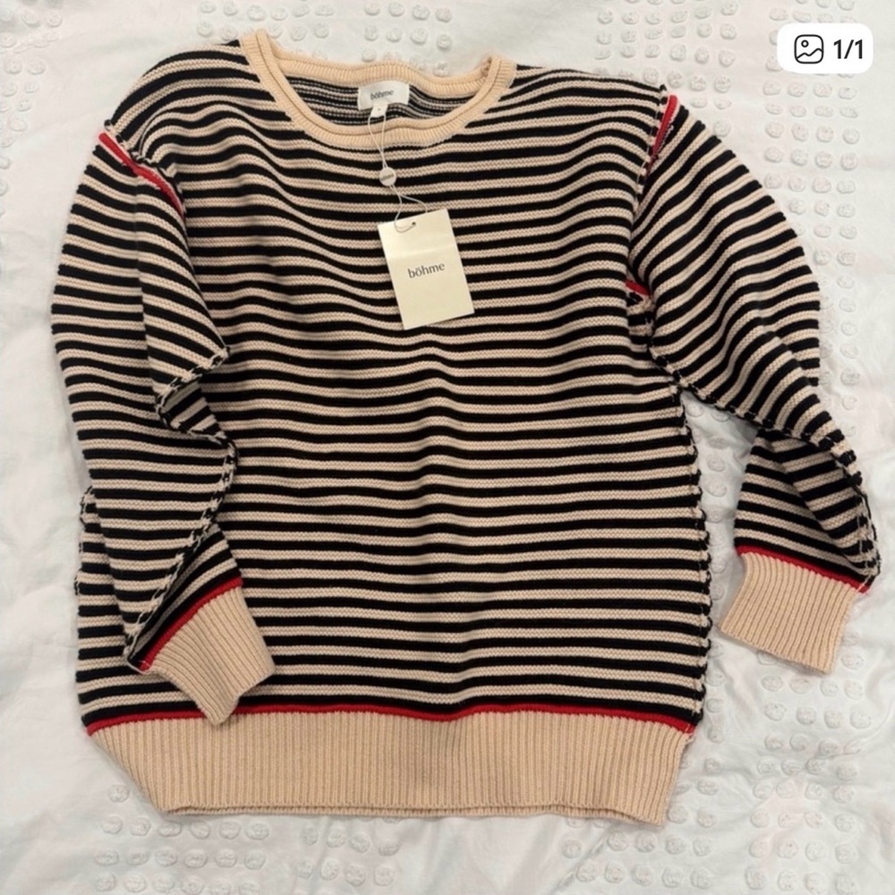bohme Cream and Black Striped Sweater with Red Trim